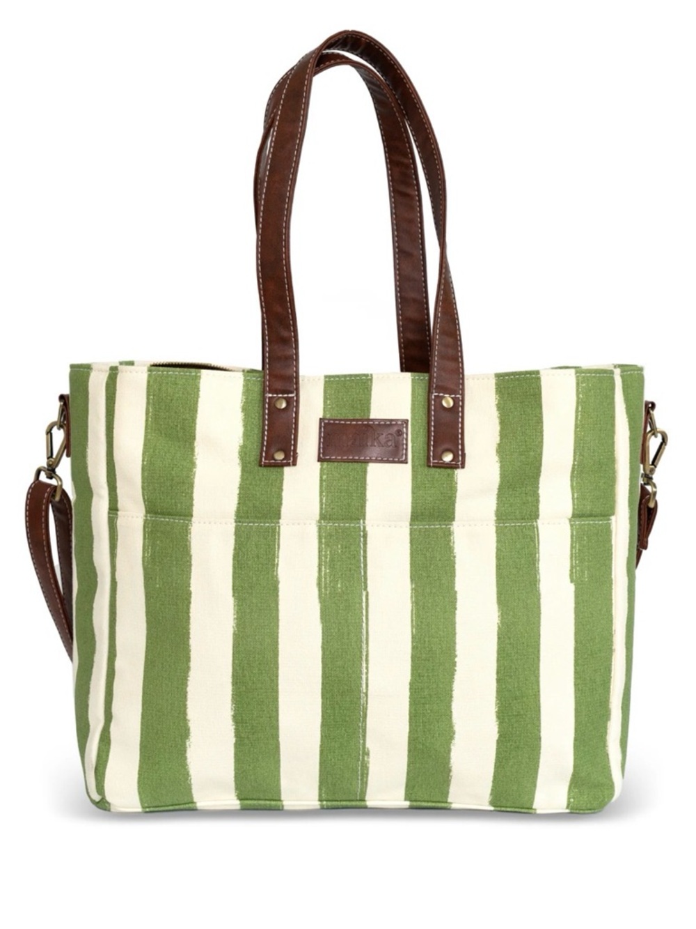 Striped Green and Cream Canvas Tote with Brown Leather Handles